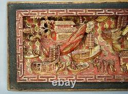 19c. Qing China Chinese Wooden Carved Panel Red Gild River Boats Fishermen 12'