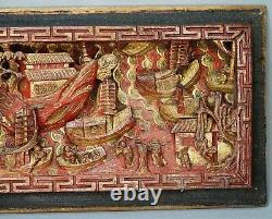 19c. Qing China Chinese Wooden Carved Panel Red Gild River Boats Fishermen 12'