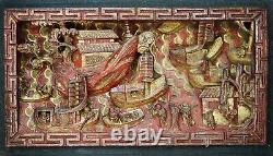 19c. Qing China Chinese Wooden Carved Panel Red Gild River Boats Fishermen 12'