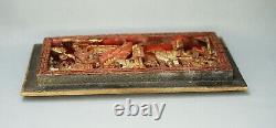 19c. Qing China Chinese Wooden Carved Panel Red Gild River Boats Fishermen 12'