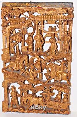 19th Century Antique Chinese Carved Gilt Gold Warriors Wall Panel