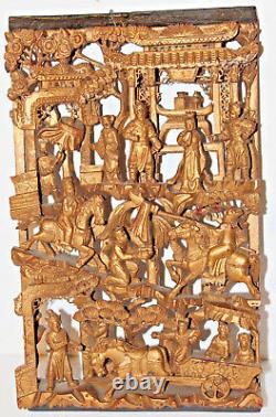 19th Century Antique Chinese Carved Gilt Gold Warriors Wall Panel