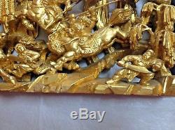 19th Century Chinese Carved Gilt Gold Warriors Scene Panel