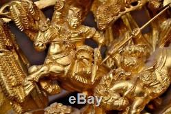 19th Century Chinese Carved Gilt Gold Warriors Scene Panel