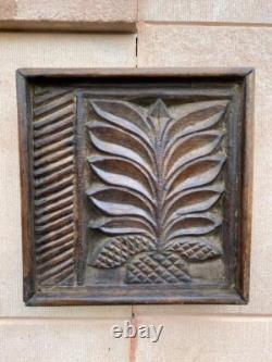 19th c Antique Wood Hand Carved Floral Plant Figure Wall Hanging Panel Decor