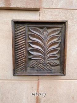19th c Antique Wood Hand Carved Floral Plant Figure Wall Hanging Panel Decor