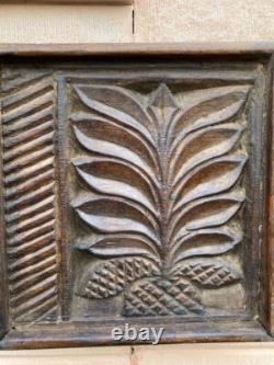 19th c Antique Wood Hand Carved Floral Plant Figure Wall Hanging Panel Decor