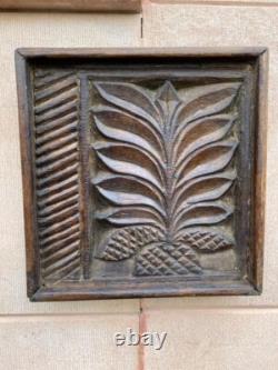 19th c Antique Wood Hand Carved Floral Plant Figure Wall Hanging Panel Decor