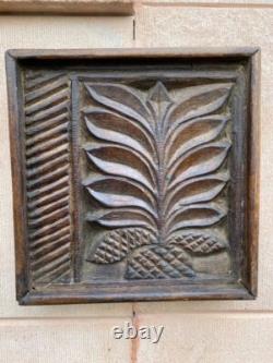 19th c Antique Wood Hand Carved Floral Plant Figure Wall Hanging Panel Decor