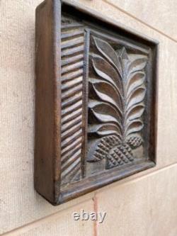19th c Antique Wood Hand Carved Floral Plant Figure Wall Hanging Panel Decor