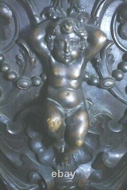 19thc Folk Art Carved Wood Panel Nude Boy Cherub Eagle East Lake Mask Scroll