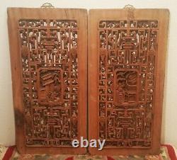 2 ANTIQUE chinese wood carved wall panel elegant hollywood regency museum art