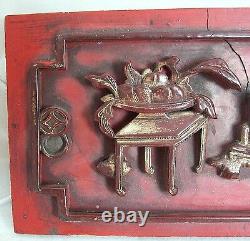 2 Antique Chinese Carved & Gold Gilt Wood Panels with Scholars Objects (14.8)