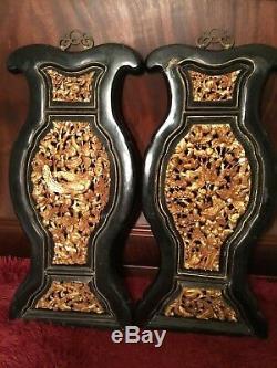 2 Antique Chinese Gilt Wood Carved Panels Flowers Phoenix Bird Wooden Carving #4