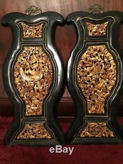 2 Antique Chinese Gilt Wood Carved Panels Flowers Phoenix Bird Wooden Carving #4