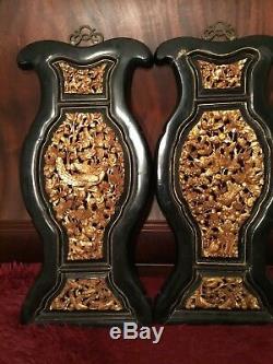 2 Antique Chinese Gilt Wood Carved Panels Flowers Phoenix Bird Wooden Carving #4