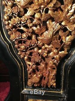 2 Antique Chinese Gilt Wood Carved Panels Flowers Phoenix Bird Wooden Carving #4