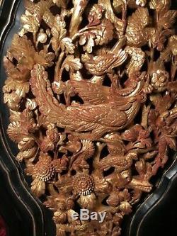 2 Antique Chinese Gilt Wood Carved Panels Flowers Phoenix Bird Wooden Carving #4