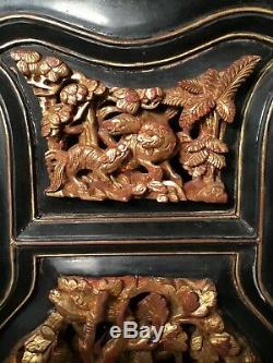 2 Antique Chinese Gilt Wood Carved Panels Flowers Phoenix Bird Wooden Carving #4