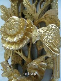 2 Antique Chinese temple 3 D wood carving panel gold gilt, 17 x 3.5 x 1.7'