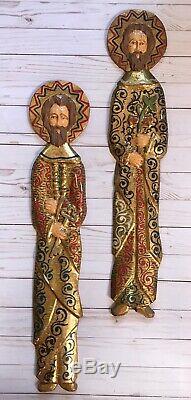 2 Carved Painted Wood Religious Saint Icons Wall Hanging Panel Primitive Figure