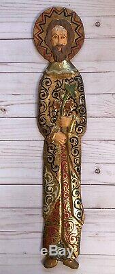 2 Carved Painted Wood Religious Saint Icons Wall Hanging Panel Primitive Figure