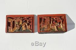 2 Fantastic Antique Chinese Hand Carved Wood Panel Human Scenes Bookends