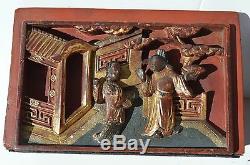 2 Fantastic Antique Chinese Hand Carved Wood Panel Human Scenes Bookends