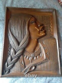 2 J RAMIREZ Carved Wood Plaques Panel Native American Indian Man/Woman-Bolivia