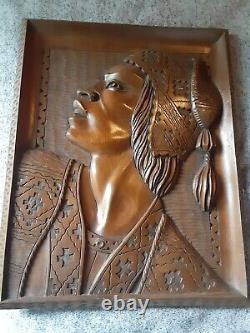 2 J RAMIREZ Carved Wood Plaques Panel Native American Indian Man/Woman-Bolivia
