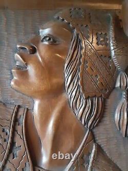 2 J RAMIREZ Carved Wood Plaques Panel Native American Indian Man/Woman-Bolivia