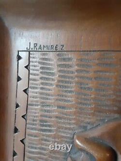 2 J RAMIREZ Carved Wood Plaques Panel Native American Indian Man/Woman-Bolivia
