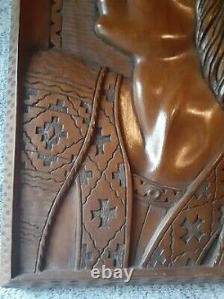 2 J RAMIREZ Carved Wood Plaques Panel Native American Indian Man/Woman-Bolivia