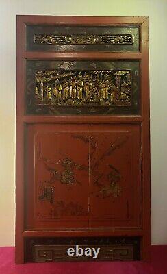 2 Large Antique Chinese Hand Carved Gilt Wood temple Panels