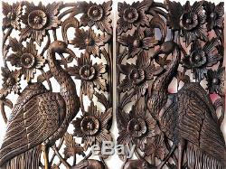 2 Peacocks on Tree New Wood Carving Home Wall Panel Mural Decor Art Statue gtahy
