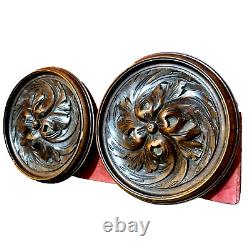 2 Rosette wood carving round panel 7.4 in Antique French architectural salvage