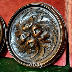 2 Rosette wood carving round panel 7.4 in Antique French architectural salvage