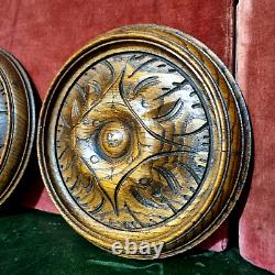 2 Rosette wood carving round panel 7.8 in Antique French architectural salvage