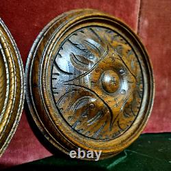 2 Rosette wood carving round panel 7.8 in Antique French architectural salvage