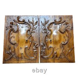 2 Scroll ribbon shield carving panel 1539 Antique French architectural salvage