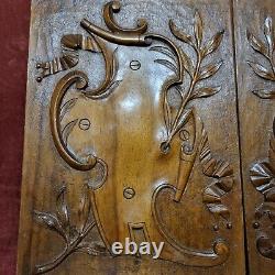 2 Scroll ribbon shield carving panel 1539 Antique French architectural salvage