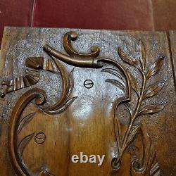 2 Scroll ribbon shield carving panel 1539 Antique French architectural salvage