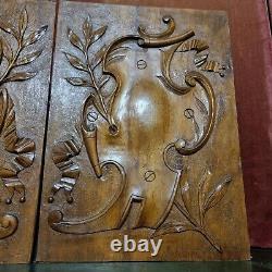 2 Scroll ribbon shield carving panel 1539 Antique French architectural salvage