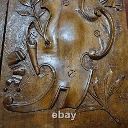 2 Scroll ribbon shield carving panel 1539 Antique French architectural salvage