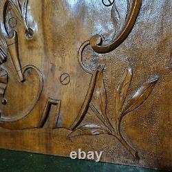 2 Scroll ribbon shield carving panel 1539 Antique French architectural salvage