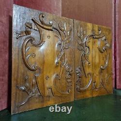 2 Scroll ribbon shield carving panel 1539 Antique French architectural salvage