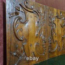 2 Scroll ribbon shield carving panel 1539 Antique French architectural salvage