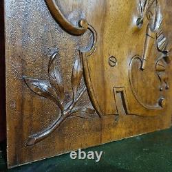 2 Scroll ribbon shield carving panel 1539 Antique French architectural salvage