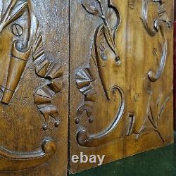 2 Scroll ribbon shield carving panel 1539 Antique French architectural salvage