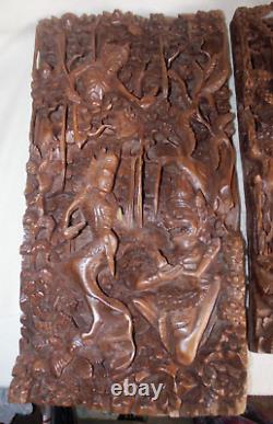 2 Vintage Indonesian Balinese Deep Relief Carved Wood'rama & Sita' Wall Panels